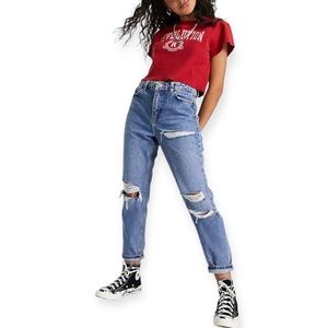 🆕 TOPSHOP Mom Jean High Waisted Soft Distressed Light Medium Wash Petite NWT